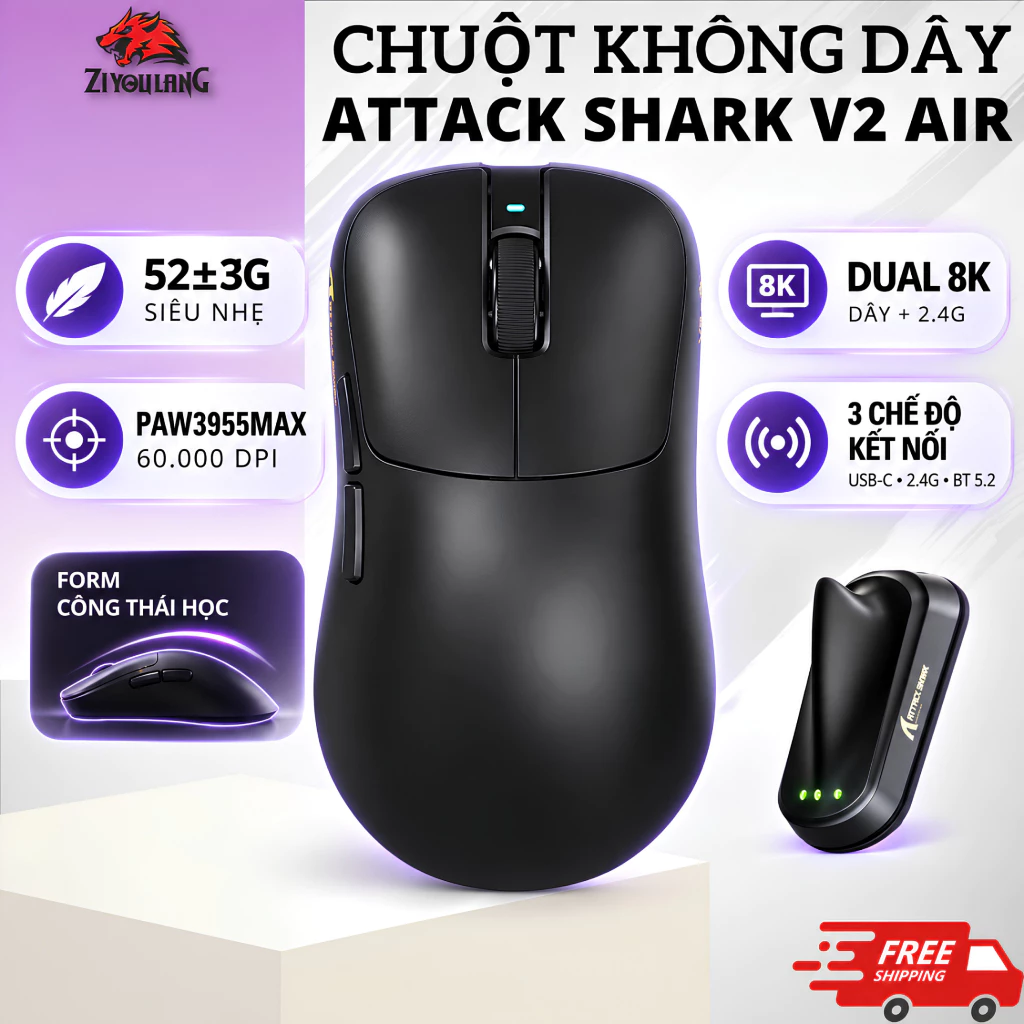 Chuột Gaming Không Dây Attack Shark V2 Air - PAW3955MAX, Nordic 54L15, Omron Optical, 60.000 DPI