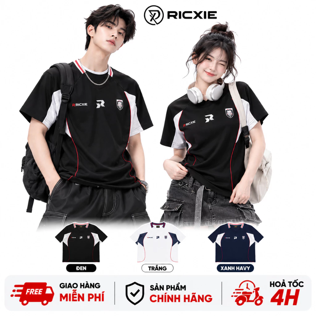 Áo Thun Thể Thao RICXIE Unisex Nam Nữ Màu Đen Trắng Xanh Phối Lưới Thêu Logo