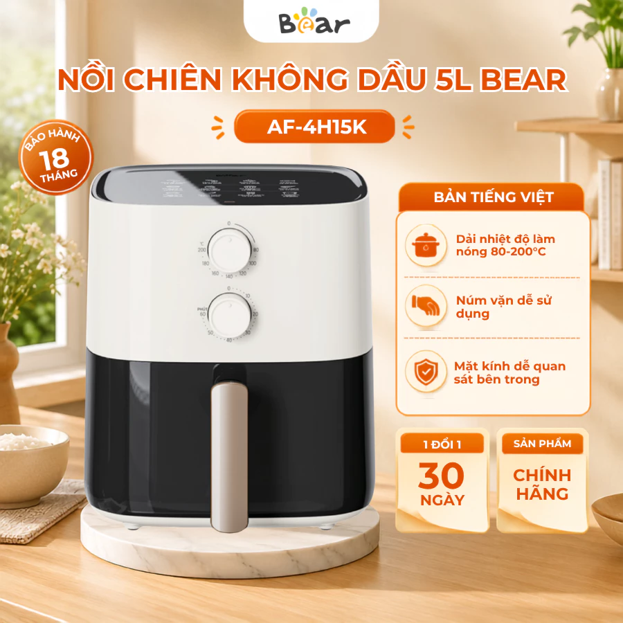 Nồi chiên không dầu 5L Bear AF-4H15K - Công suất 1500W- Vặn Núm Dễ Sử Dụng, Hẹn giờ, BH 18 Tháng