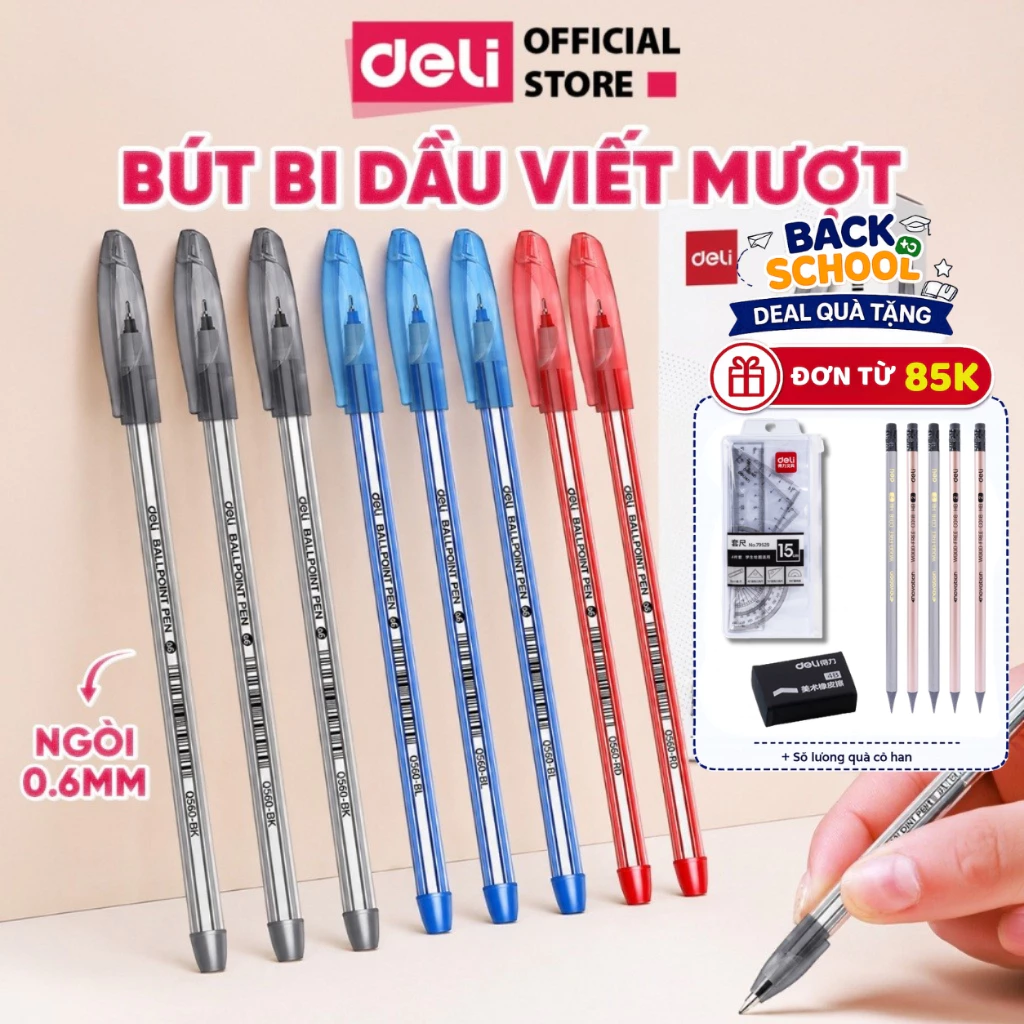 [🔥25/9 TẶNG 3 QUÀ] Combo 5/10/20 Bút Bi Dầu Deli Bút Bi Nến Ngòi 0.6mm EQ560 Viết Êm Tay Cho Học Sinh Văn Phòng