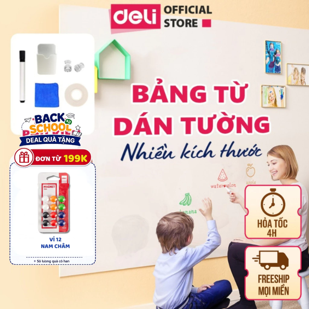 Bảng Từ Trắng Dán Tường Deli - Hút Nam Châm Viết Bút Lông Nhiều Kích Thước Ghi Chú Học Tập