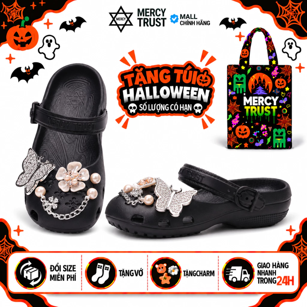 [TẶNG TÚI HALLOWEEN] Kèm Sticker, Vớ -MC41- Dép Sục Búp Bê Quai Cài Linh Hoạt MERCY TRUST Ballet Nữ Màu Đen