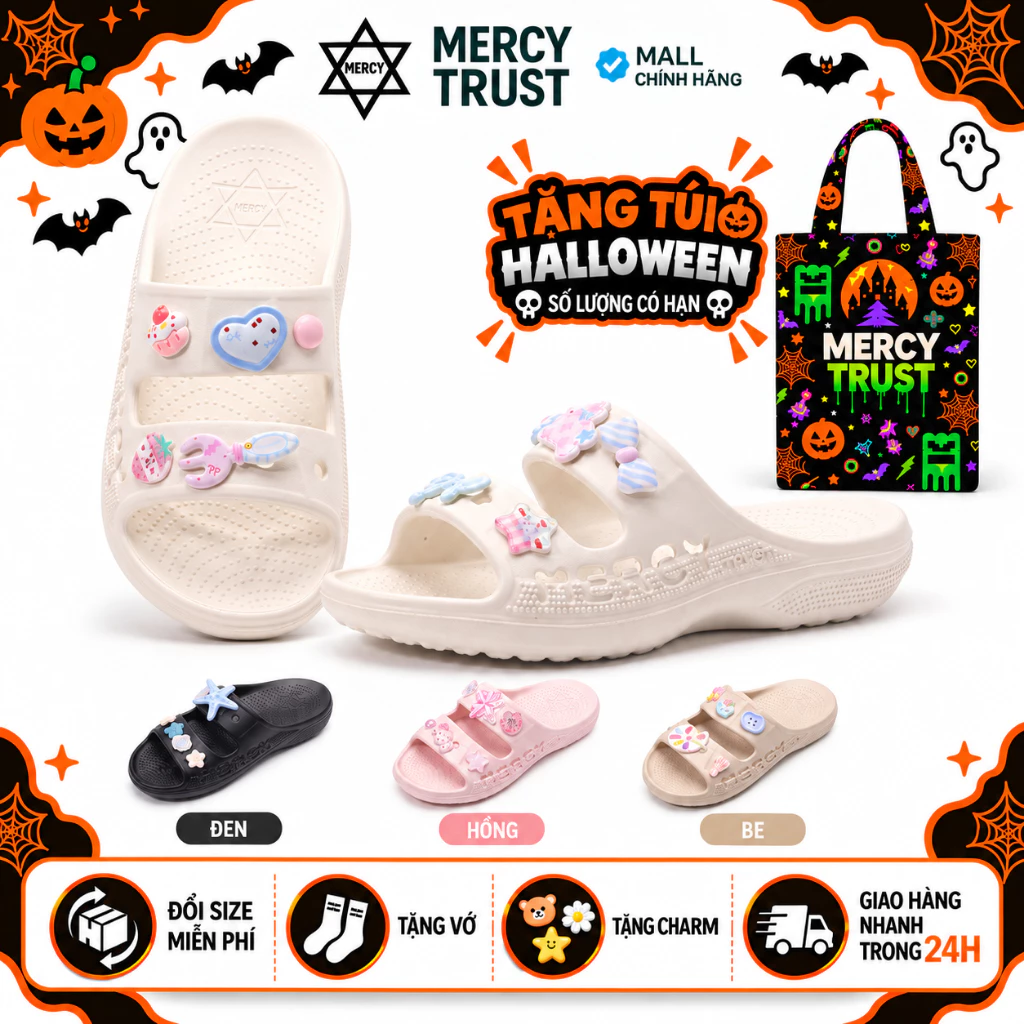 [TẶNG TÚI HALLOWEEN] Kèm Sticker Giống Hình, Vớ - Dép MERCY TRUST MC39 2 Quai Ngang Nữ Đúc Nguyên Khối  Siêu Nhẹ Êm Chân