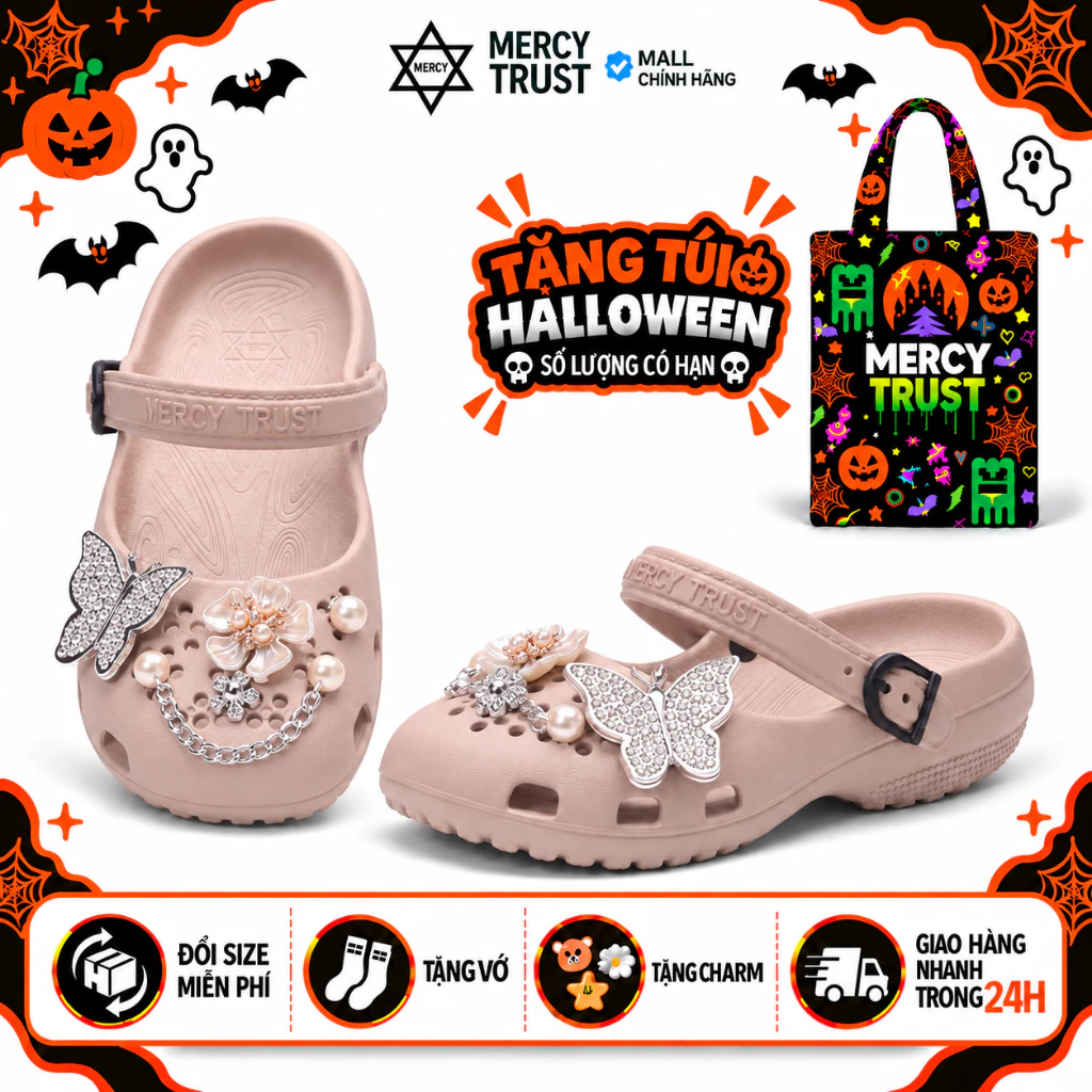 [TẶNG TÚI HALLOWEEN] Kèm Sticker Giống Hình, Vớ - MC41 - Dép Sục Búp Bê Quai Cài Linh Hoạt MERCY TRUST Nữ