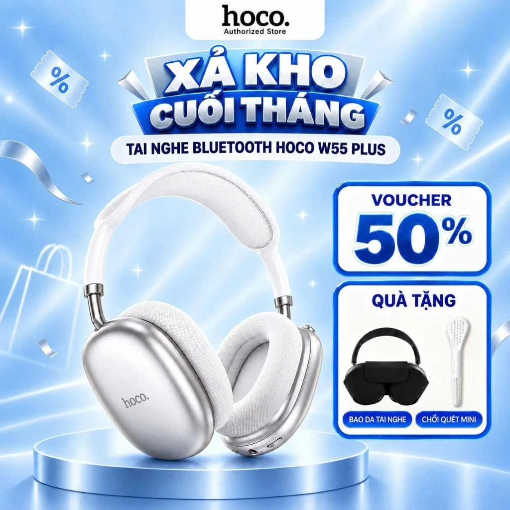 [Tặng bọc da] Tai nghe bluetooth HOCO W55 pin 90 tiếng siêu bền, bản base, plus chống ồn ANC