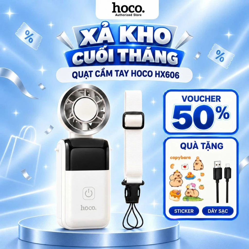 Quạt Cầm Tay Hoco HX606 Mini Gấp Gọn Tiện Lợi - Quạt Tích Điện Có Dây Đeo Cổ Gió Cực Mạnh Pin Siêu Bền Nhỏ Gọn Đi Học Du