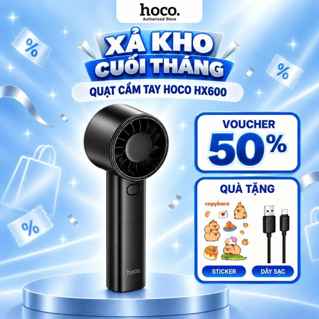 Quạt mini cầm tay pin trâu Hoco HX600, quạt cầm tay siêu nhẹ pin bền - chính hãng bảo hành 1 đổi 1