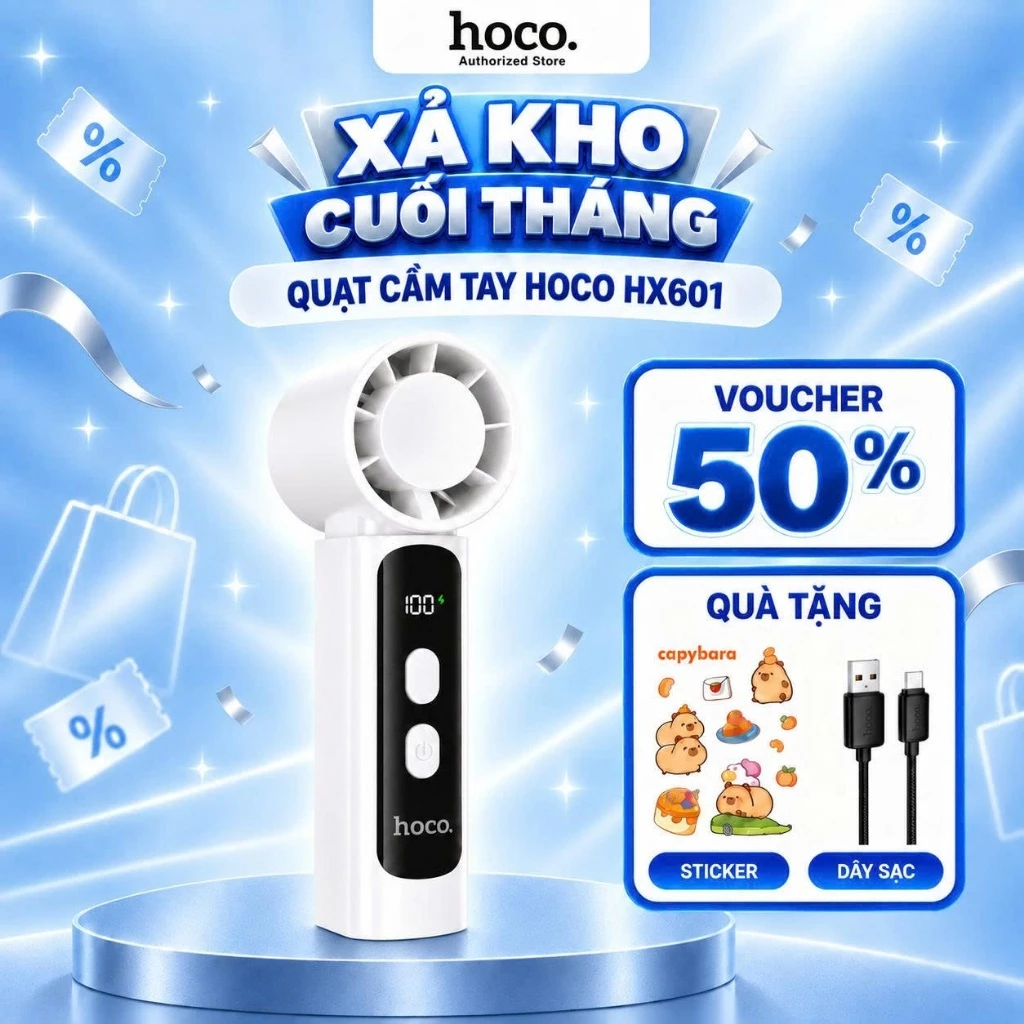 Quạt Cầm Tay Mini Hoco HX601 Pin Khủng Siêu Bền - Quạt Sạc Điện Gió Mạnh Chạy Êm Giảm Ồn Nhỏ Gọn Đi Học Đi Làm Văn Phòng