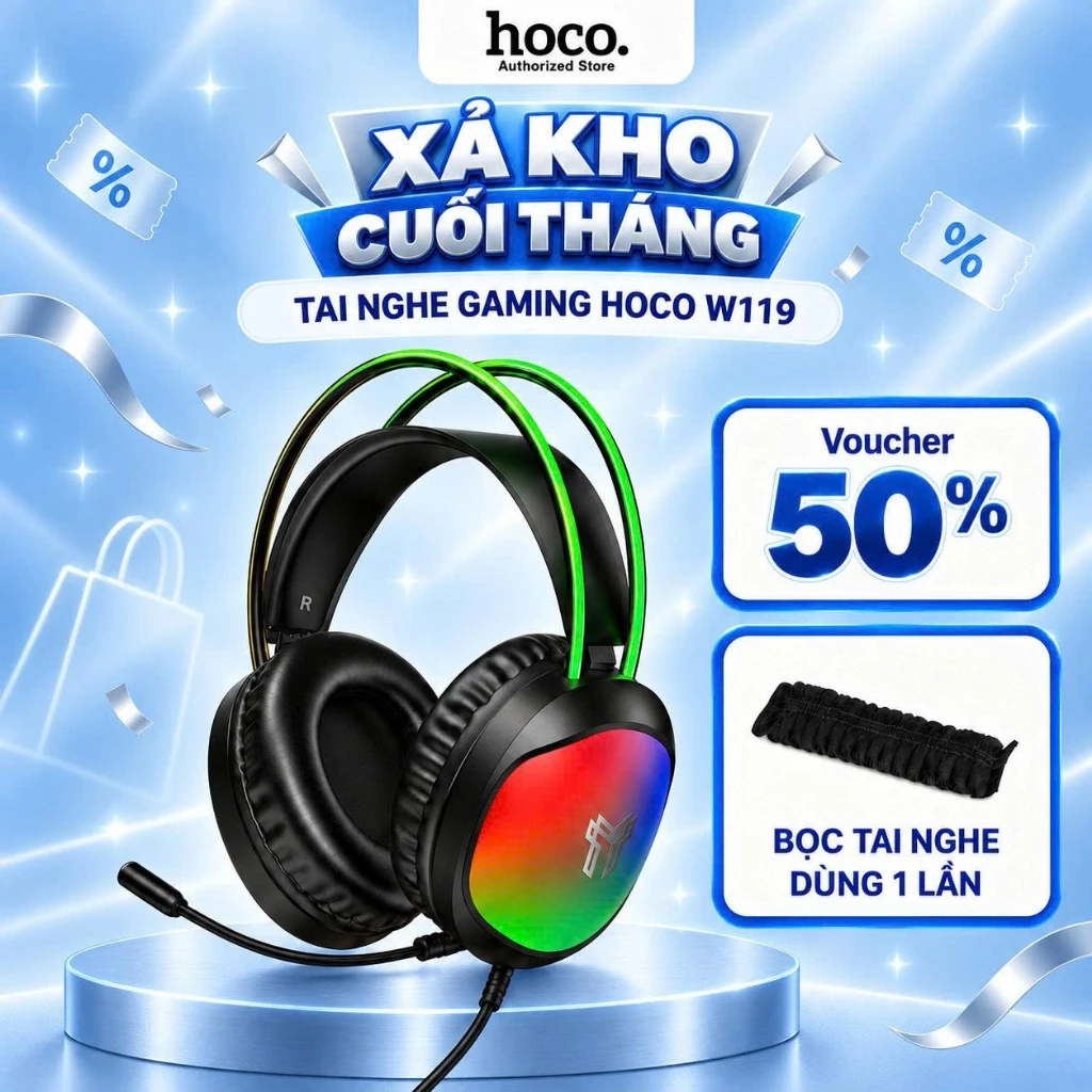 Tai Nghe Chơi Game Chuyên Nghiệp Hoco W119 Đèn RGB Tai Chụp Đệm Da Êm Cổng USB Mic Thu Âm Rõ Âm Thanh Chất Lượng Cao
