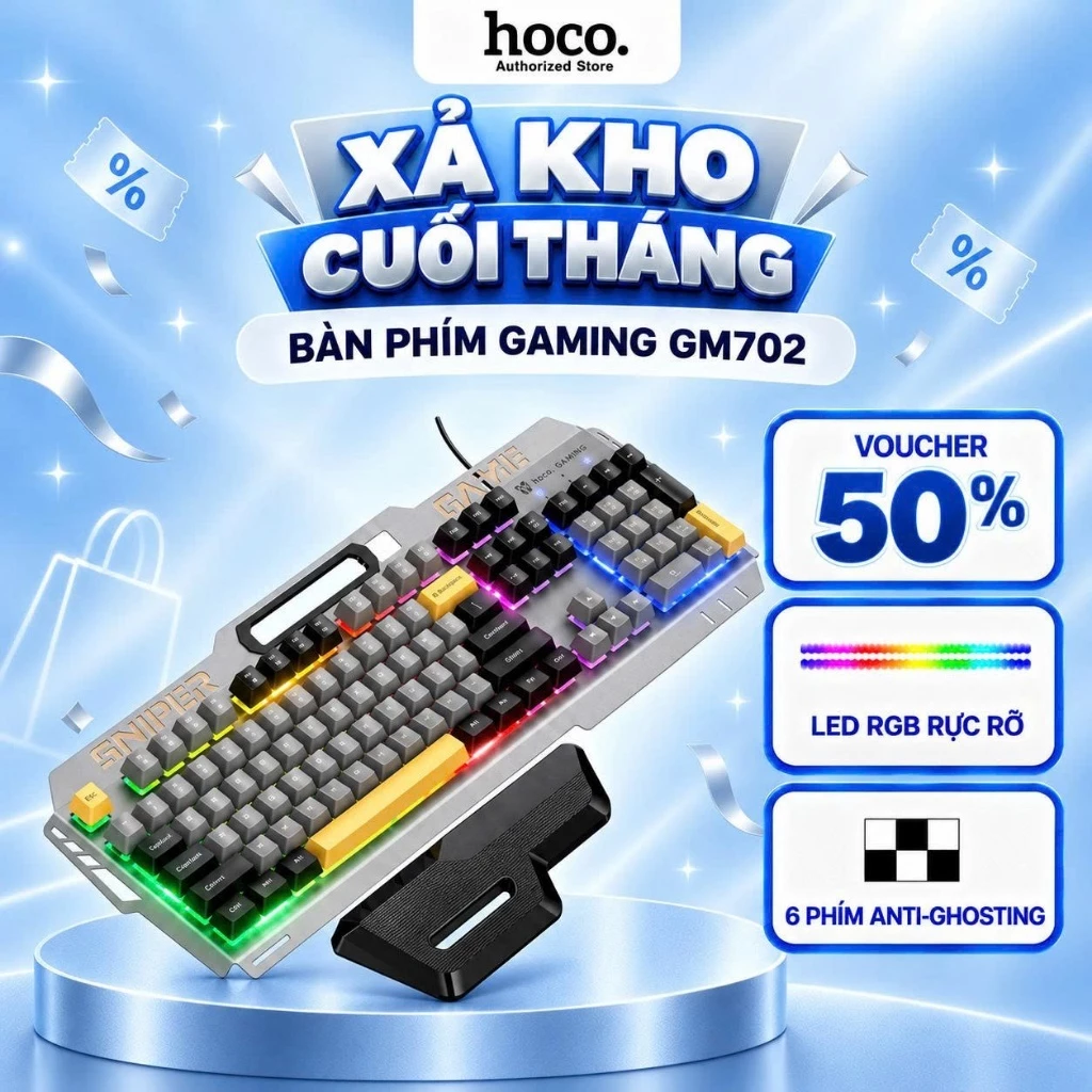 Bàn Phím Gaming Hoco GM702 Cao Cấp Đèn LED 5 Màu, Có Kệ Đỡ Nghỉ Tay, Bàn Phím Membrane Có Dây Cho PC Laptop