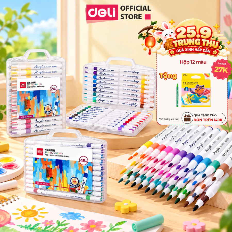 [🔥TRỢ GIÁ] Bút Sơn Màu Acrylic Markers Deli Hộp 12/24/36/64 Box Màu Acrylic Marker An Toàn Vẽ Trên Mọi Chất Liệ
