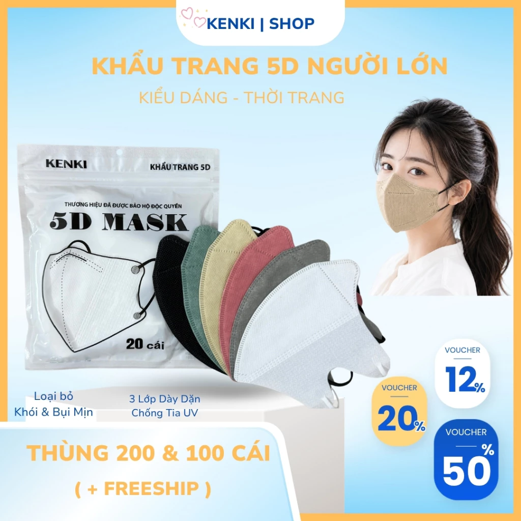 [ Độc Quyền SVIP] Thùng 200 Cái Khẩu Trang 5D KENKI Chính Hãng dày dặn kháng khuẩn chống tia UV