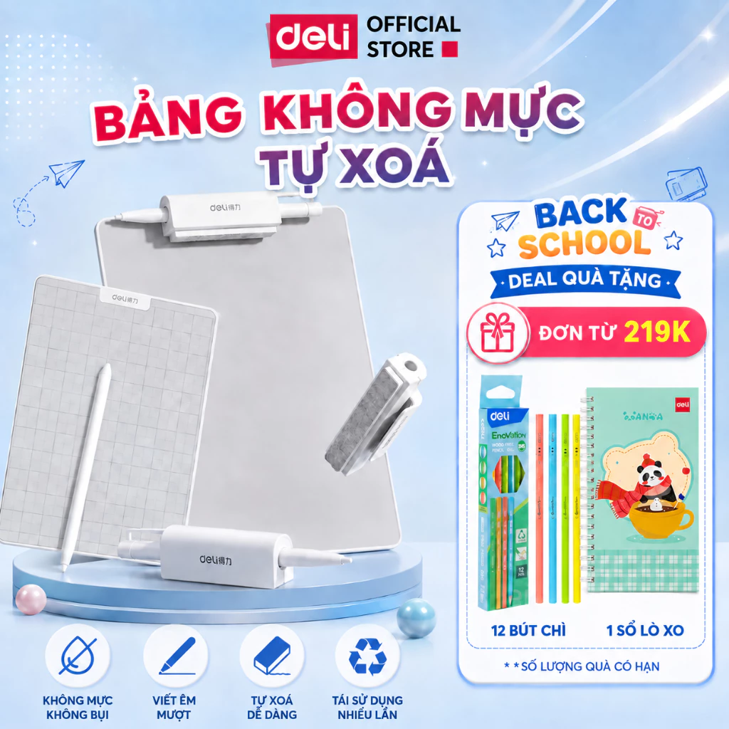[🔥25.9 TẶNG 13 QUÀ]  Bảng Vẽ Từ Tính Tự Xoá Không Mực Deli - Bảng từ trơn, ô ly bề mặt nhám viết paperlike kèm bút