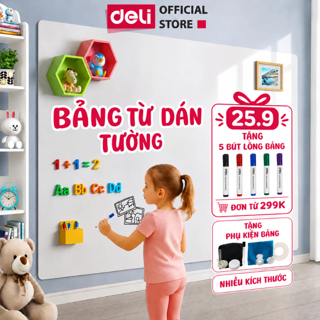 [🔥25.9 TẶNG 5 BÚT LÔNG] Bảng Từ Trắng Dán Tường Deli - Hút Nam Châm Bút Lông Nhiều Kích Thước Kèm Phụ Kiện Bảng