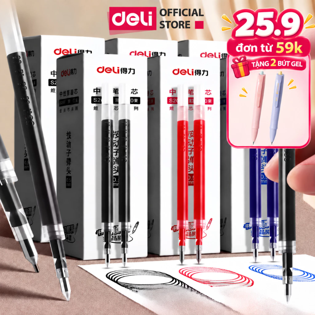 [🔥25.9 TẶNG BÚT GEL] Combo 5 Ruột bút gel Deli 0.5mm dùng cho bút bi nước A575 lâu hết mực không gai khi viết mực trơn
