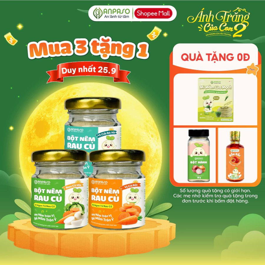 Combo 3 Hạt Nêm Bột Nêm Ăn Dặm Anpaso Cho Bé: Rau Củ, Nấm Hương, Cà Rốt, Măng Tây, Cải Bó Xôi và Rong Biển 60g