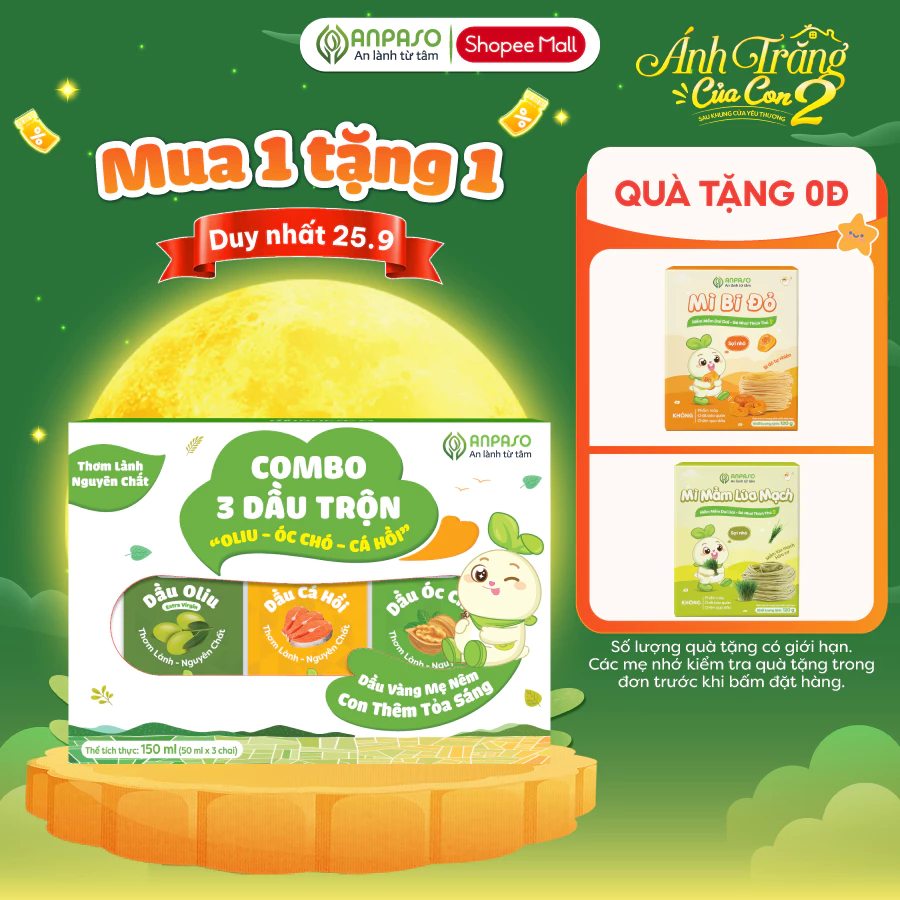 Set 3 Dầu Ăn Dặm Cho Bé Anpaso: Oliu, Óc Chó, Cá Hồi 50ml