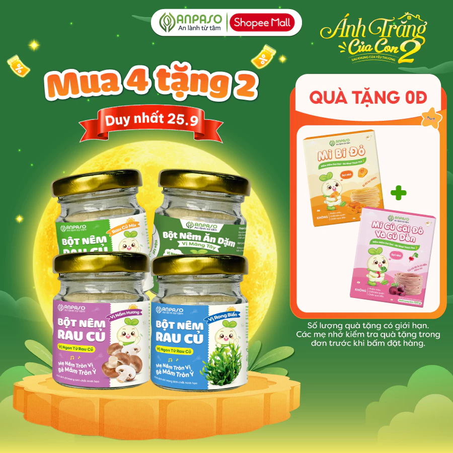 Combo Hạt Nêm Bột Nêm Ăn Dặm Cho Bé: Vị Rau Củ, Nấm Hương, Rong Biển, Măng Tây 60g