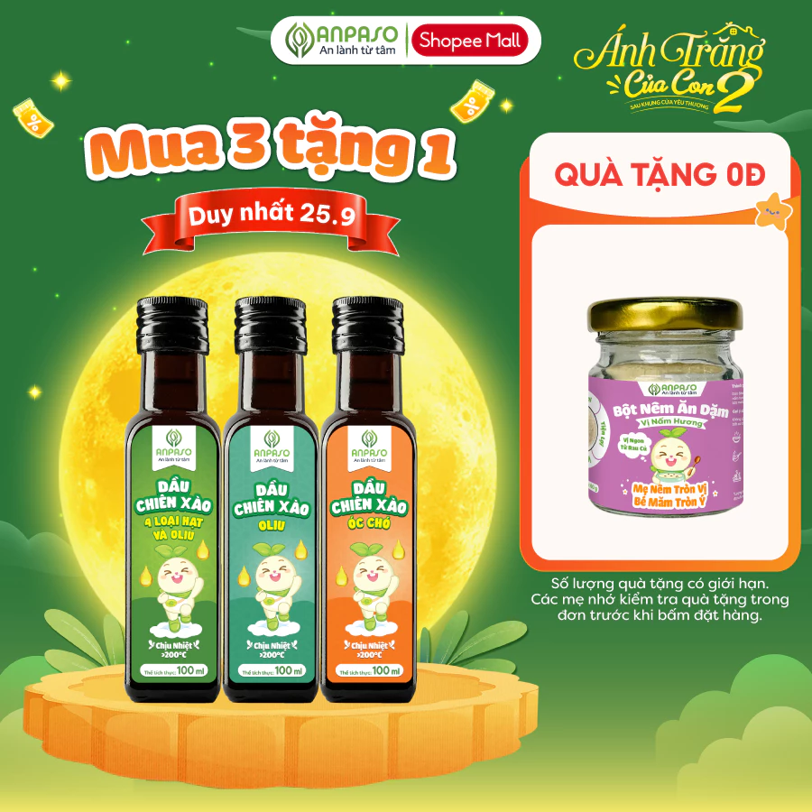 Combo 3 Dầu Chiên Xào Ăn Dặm Cho Bé Anpaso 100ml vị Oliu, Mix Hạt và Óc Chó