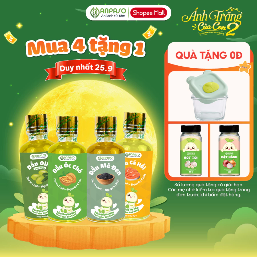 Combo 4 Dầu Ăn Dặm Cho Bé Anpaso 50ml các vị Oliu, Óc Chó, Cá Hồi, Mè Đen