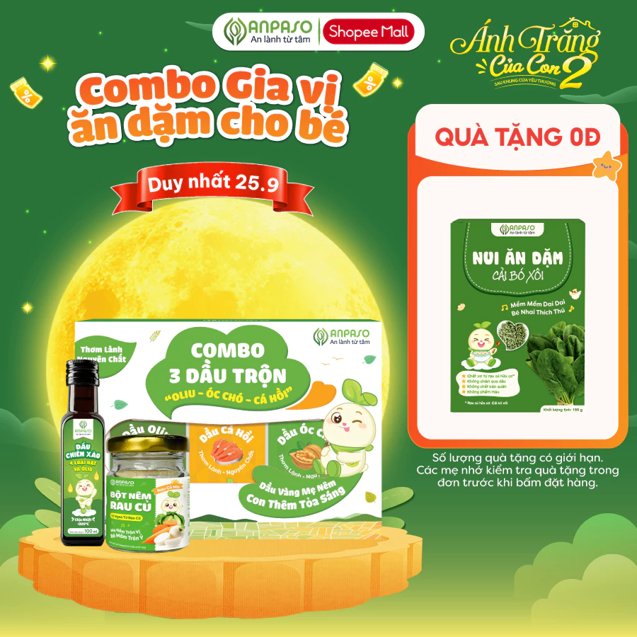 Combo Gia Vị Ăn Dặm cho bé: Bột nêm Rau Củ + Set 3 Dầu Ăn Dặm 50ml + Dầu Chiên Xào Mix Hạt Anpaso