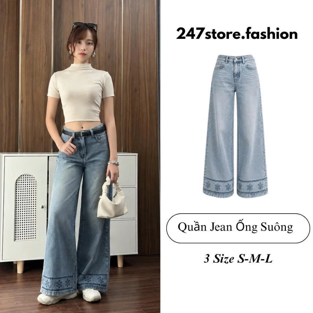 Quần jeans nữ ống suông ống rộng 247store lưng cao tôn dáng màu xanh retro đi học đi làm đi chơi Back to School