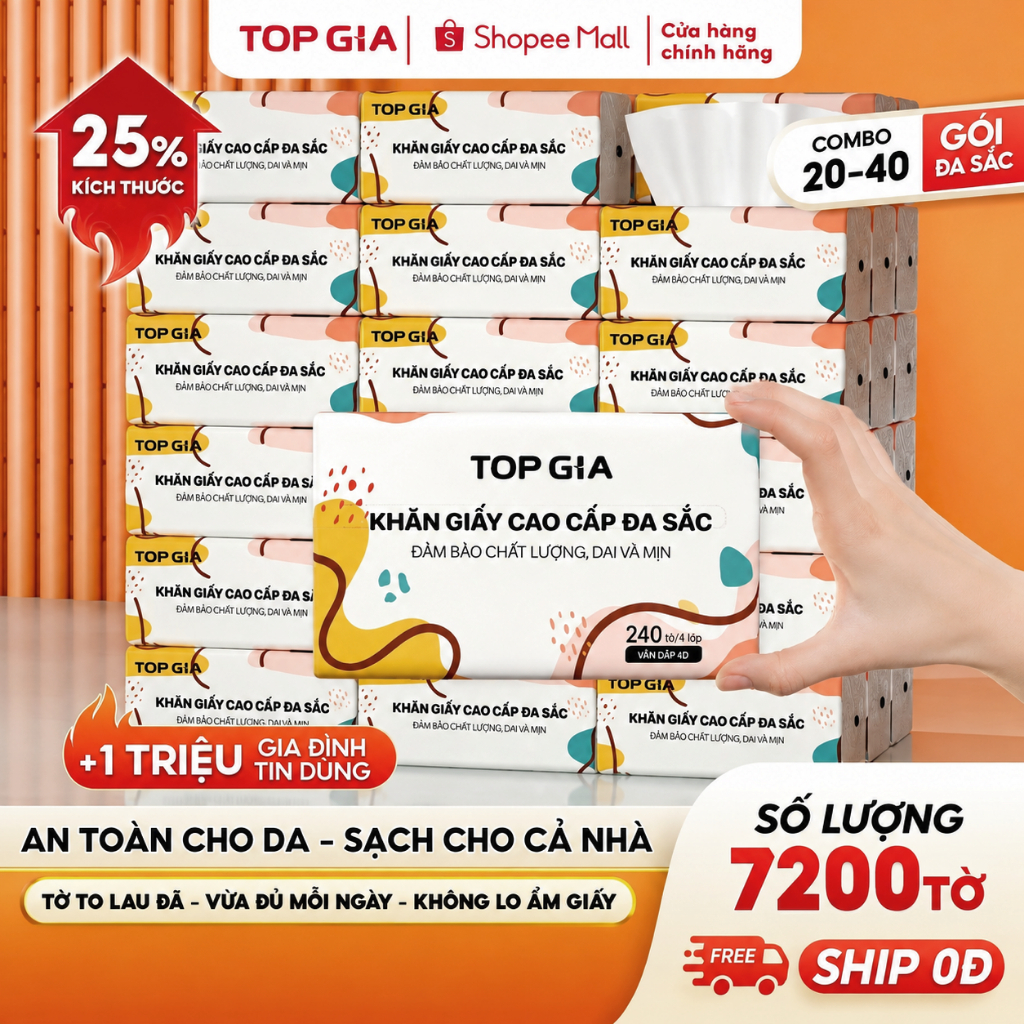 Giấy ăn rút Topgia đa sắc cao cấp 240 tờ 4 lớp, dập vân 4D, mềm mịn, thấm hút…