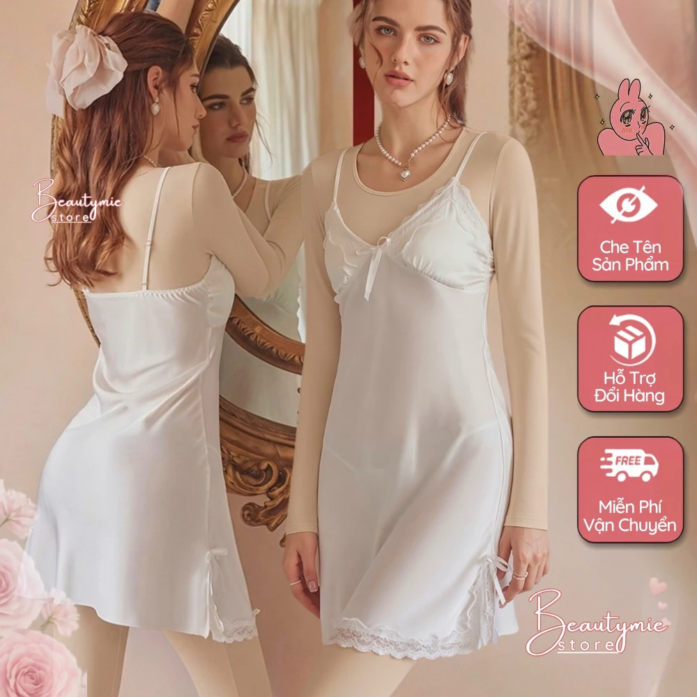 MIE DN107 [ CHE TẾN SP ] Váy Ngủ Sexy Gợi Cảm Đầm Ngủ Lụa 2 Dây Phối Ren Xẻ Tà Mặc Nhà Thoáng Mát