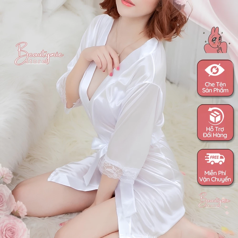 Áo choàng ngủ Đồ ngủ KIMONO satin phi lụa trơn sexy cho nữ xuyên thấu gợi cảm