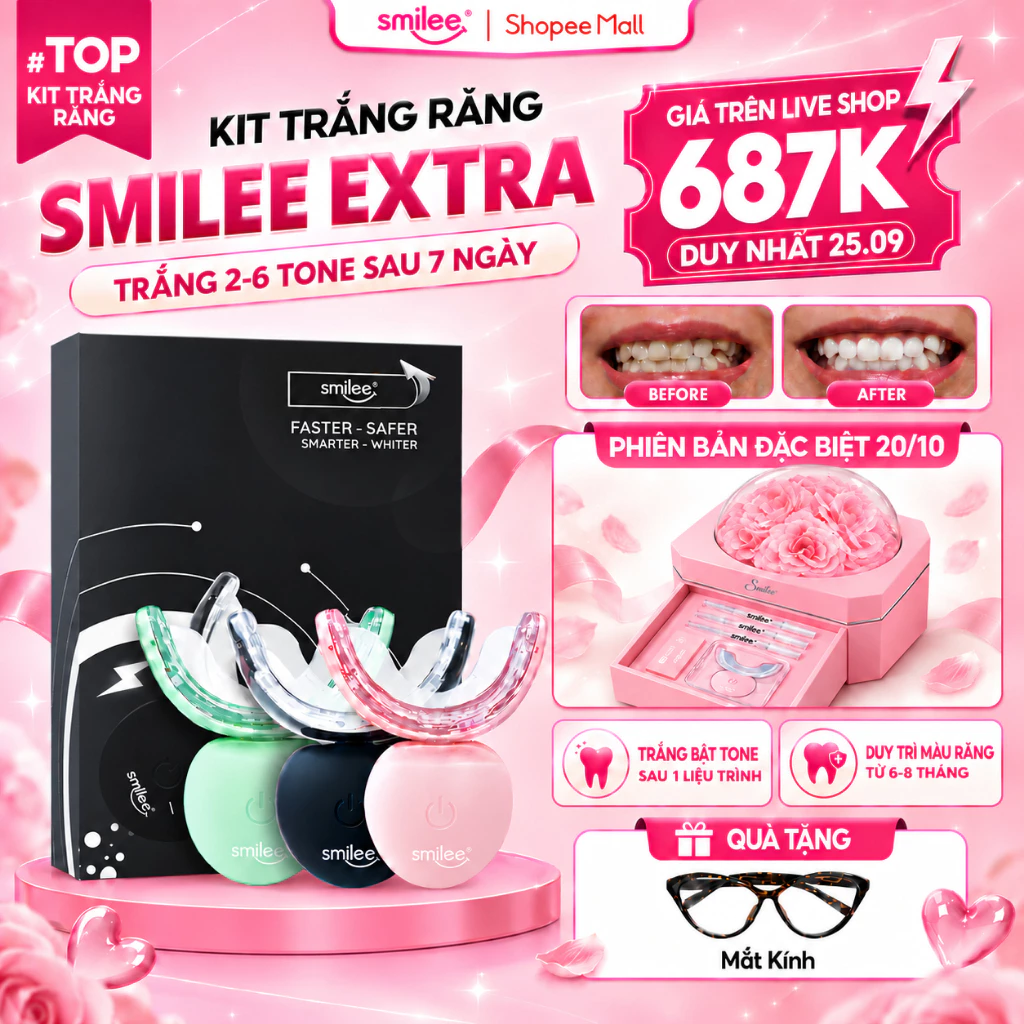 [GIÁ 631K TẠI LIVE SHOP] Trắng răng SMILEE EXTRA, bộ kit làm trắng răng từ 2-6 tone tại nhà, bộ quà tặng cho nữ, LIS