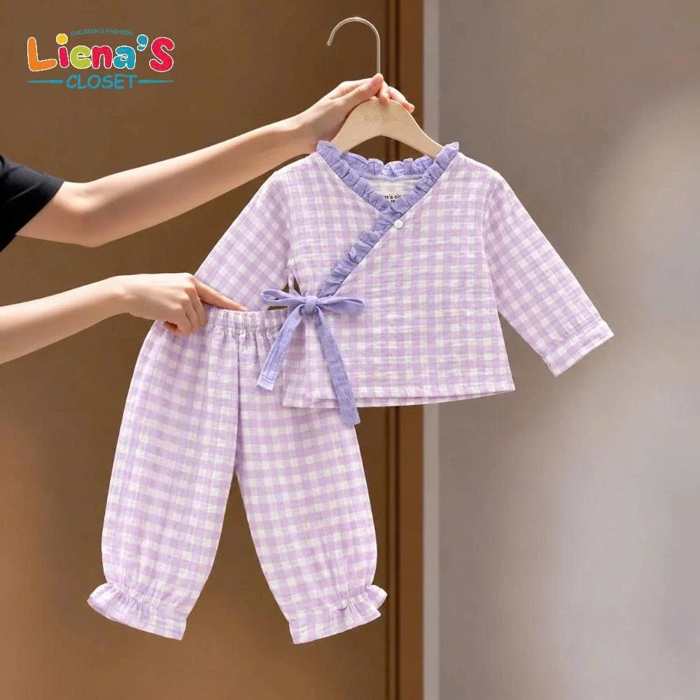 Set Bộ Pijama Bé Gái Dài Tay Vạt Chéo Buộc Nơ, Quần Dài Gấu Bèo Phong Cách Hàn Quốc