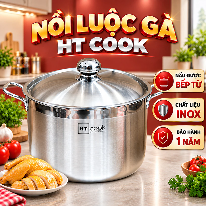 Nồi Luộc Gà HT COOK Chất Liệu Inox Cao Cấp Nguyên Khối, Đun Mọi Loại Bếp, Chống Gỉ An Toàn Sức Khỏe