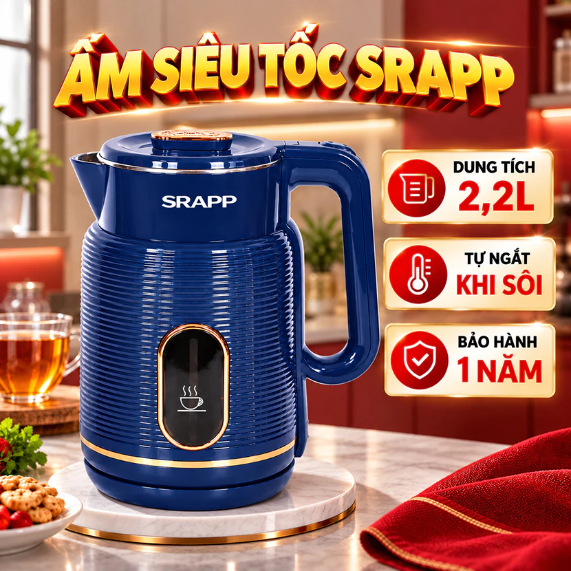 Ấm Siêu Tốc SRAPP ST255 Công Suất Lớn 1500W, Ấm Đun Nước Dung Tích 2,2L Chất Liệu Inox Không Gỉ
