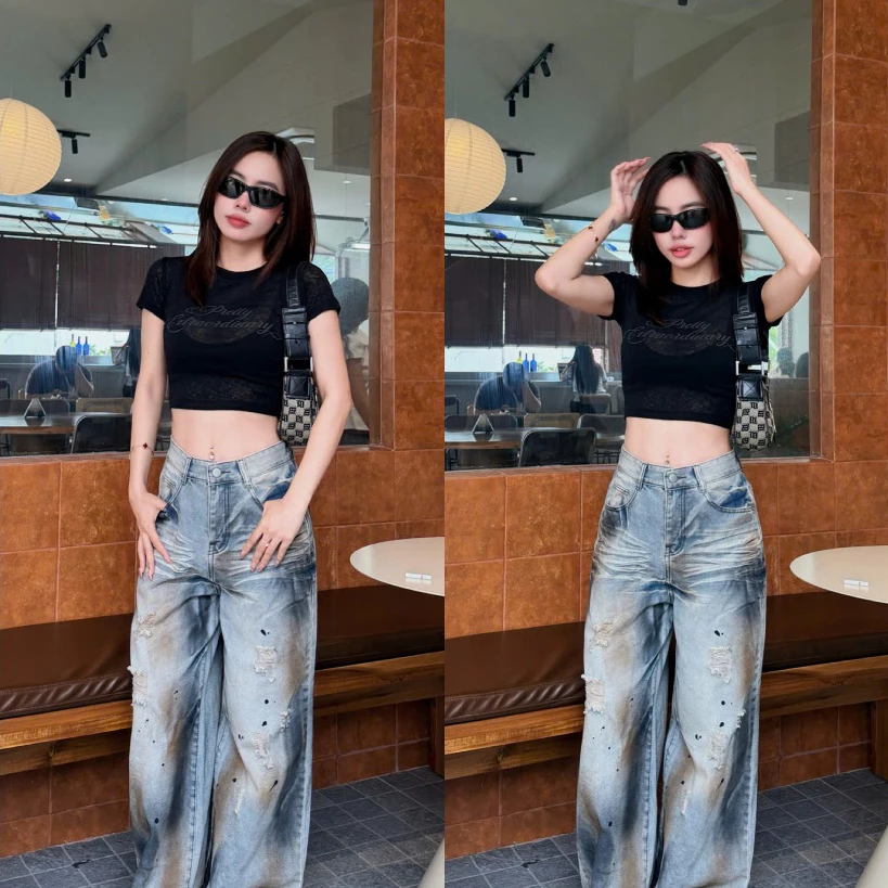(MÃ 43 - PREORDER) Quần Jeans Nữ Rách Vệt Sơn Form Nấm Lùn – Cá Tính, Dễ Phối Đồ | LIN HOUSE