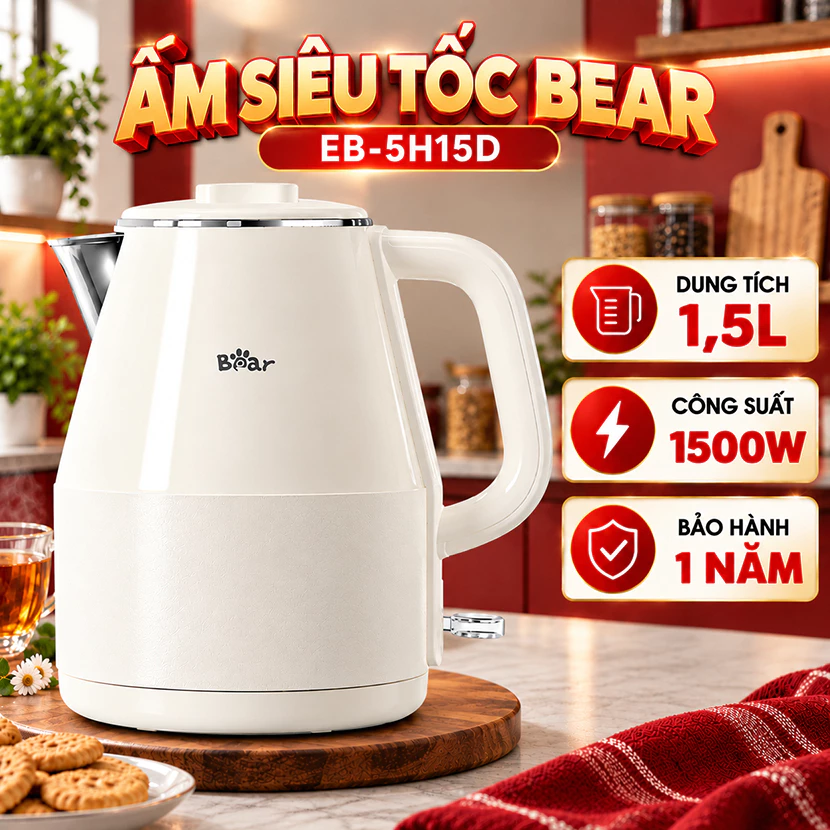 Ấm Siêu Tốc BEAR EB-5H15D Dung Tích 1.5L, Công Suất 1500W Đun Siêu Nhanh, Inox 304 Không Gỉ An Toàn