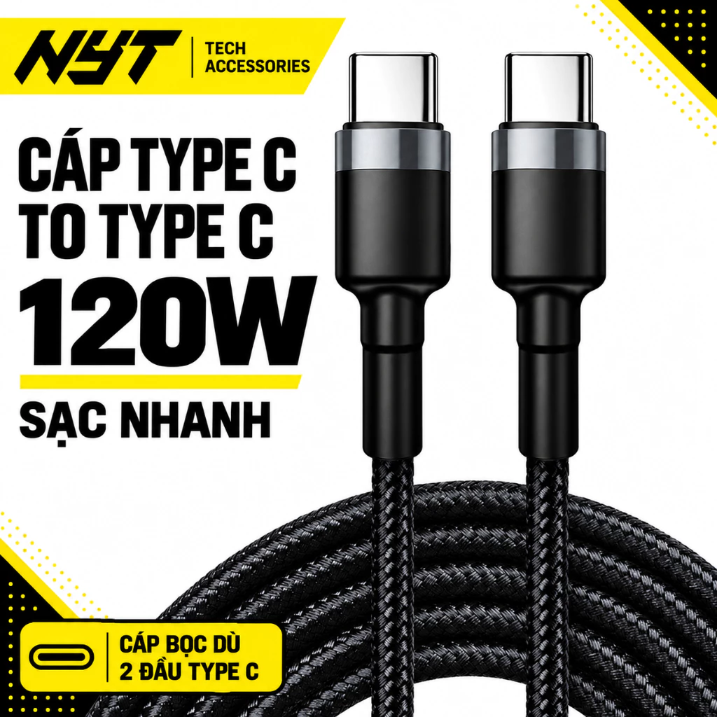 Dây Sạc Nhanh Type C 120W Bên Dù Hợp Kim Nhôm Cao Cấp NYT N91