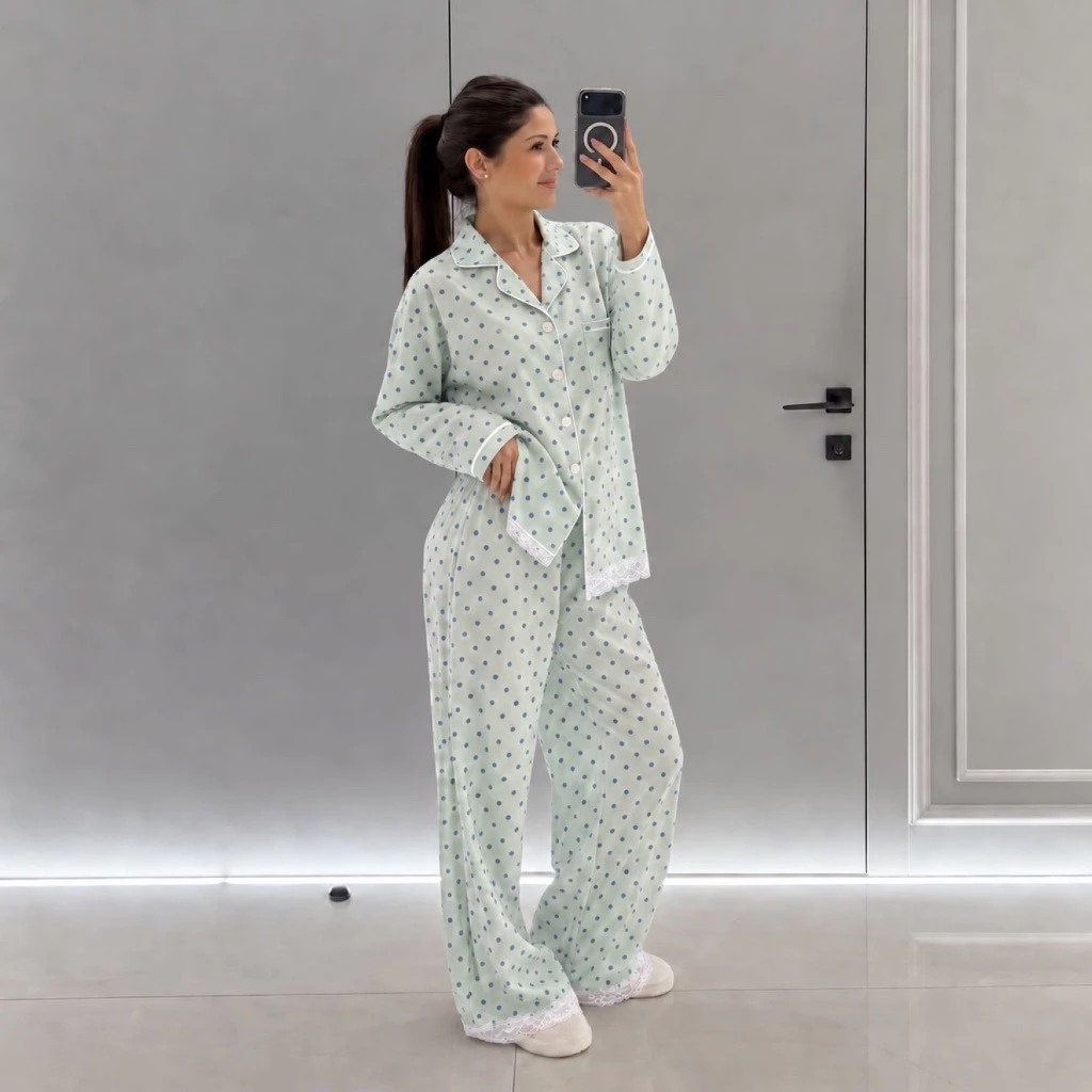 [ Fit to sleep ] Bộ đồ ngủ Celeste xanh chấm bi pastel , chất liệu cotton cao cấp pha ren