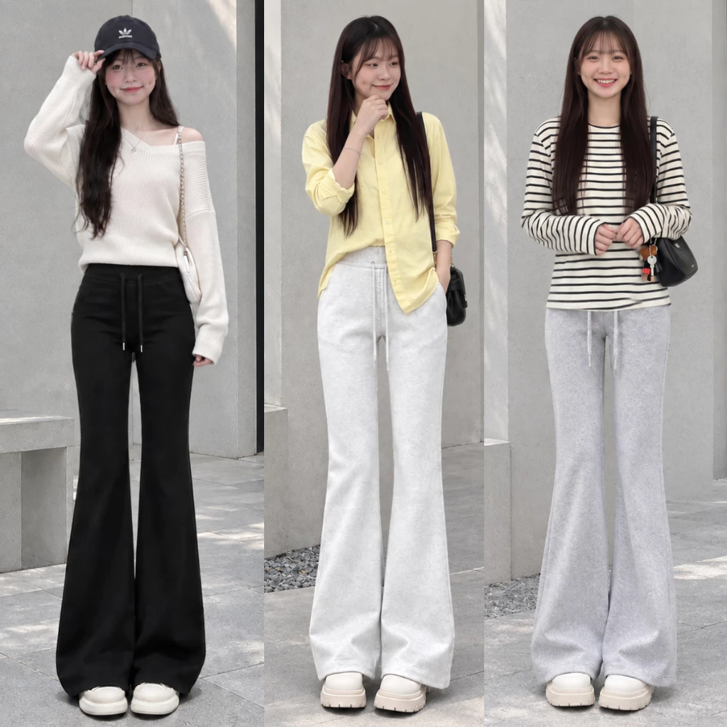 Quần nỉ ống loe nữ MIAA cạp chun dây rút dài 95 -100cm chất nỉ 2da không xù màu xám bigsize