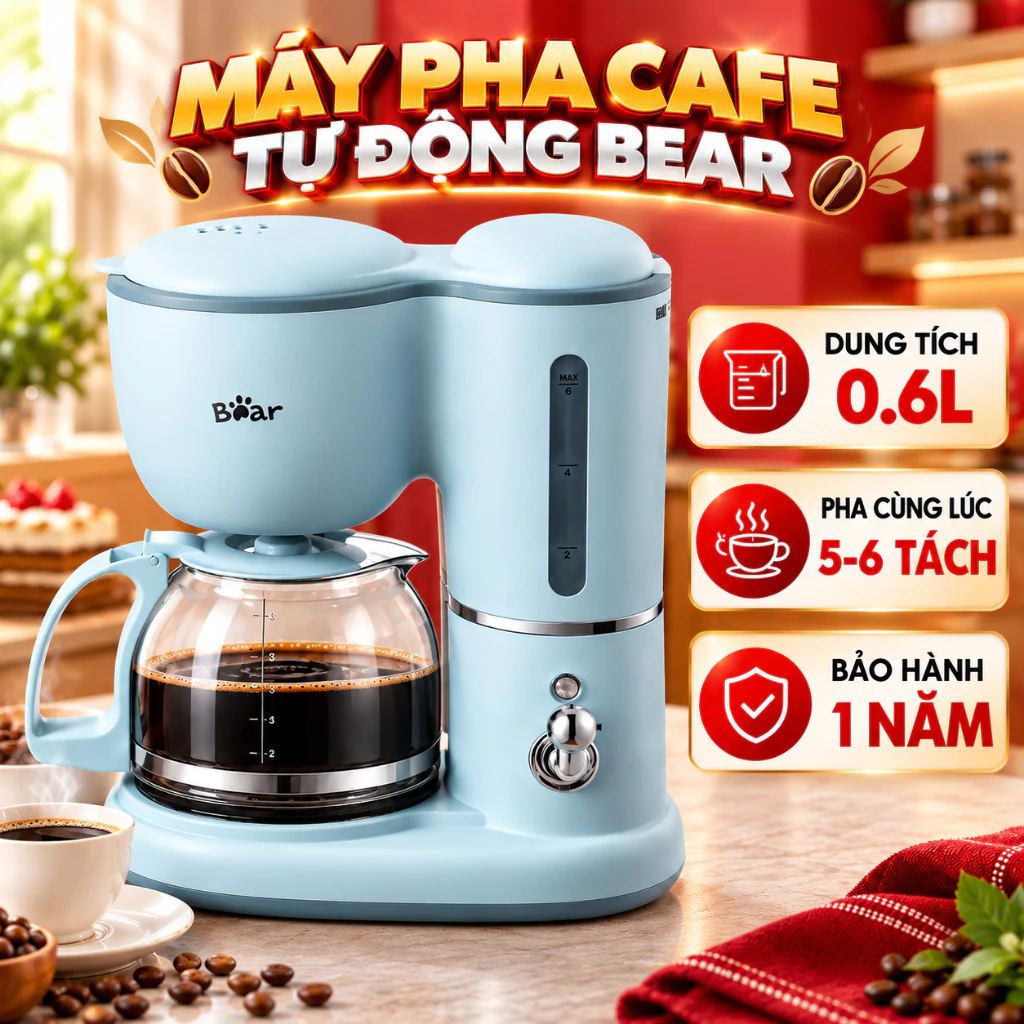 Máy Pha Cà Phê Tự Động BEAR SB-CF06A Dung Tích 0.6L Pha 5-6 Tách Cafe Trong 1 Lần, Điều Chỉnh Độ Đậm Cafe