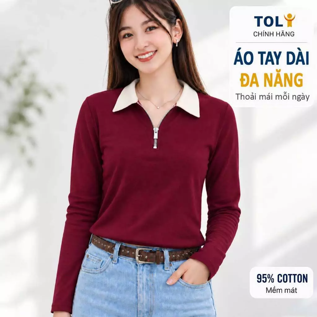 Áo Polo Nữ Tay dài Cổ Khóa Kéo TOLI PHX36 – Bản Cổ Rộng Thanh Lịch, Form Suông Gọn Dáng