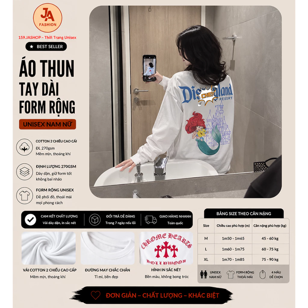 Áo thun tay dài form rộng  nữ unisex In hoạt hình Nàng Tiên Cá  hottren chất cotton cao cấp ĐL 270gsm