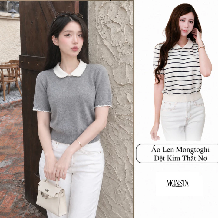 Áo Len Nữ Polo Ngắn Tay Kẻ Sọc Basic LN75 Áo Len Mongtoghi Cao Cấp Kiểu Dáng Thanh Lịch