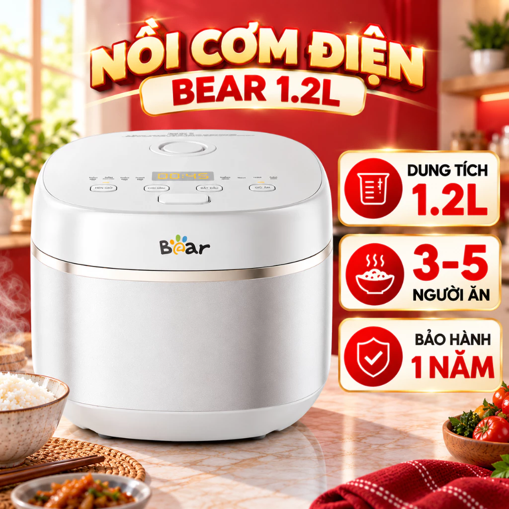 Nồi Cơm Điện Inox BEAR RC-5H30O12 1.2L Lòng Nồi Inox Chống Dính, 8 Chế Độ Nấu Thông Minh