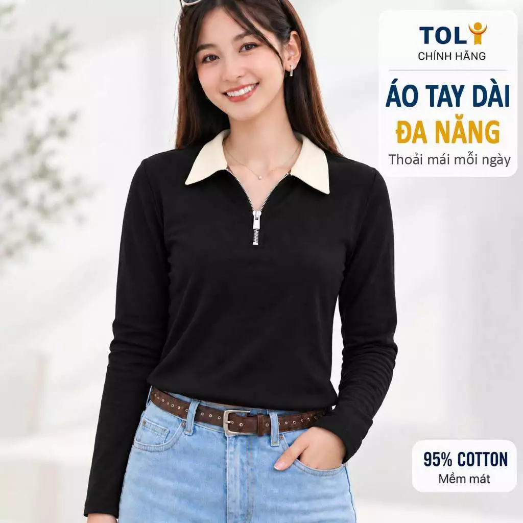 Áo Polo Nữ Tay dài Cổ Khóa Kéo TOLI PHX11 – Bản Cổ Rộng Thanh Lịch, Form Suông Gọn Dáng