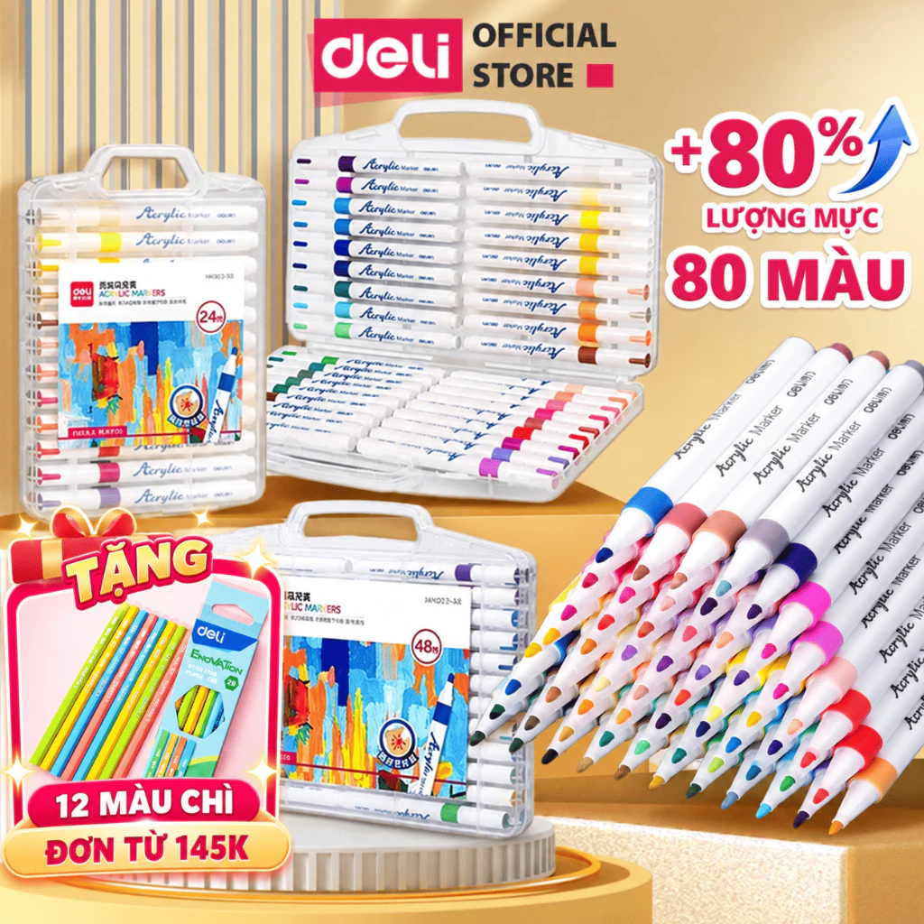 [🔥TRỢ GIÁ-TĂNG 80% MỰC ] Bút Sơn Màu Acrylic Markers Deli Hộp 12/24/36/64 Box Màu Acrylic Marker An Toàn Vẽ Trên