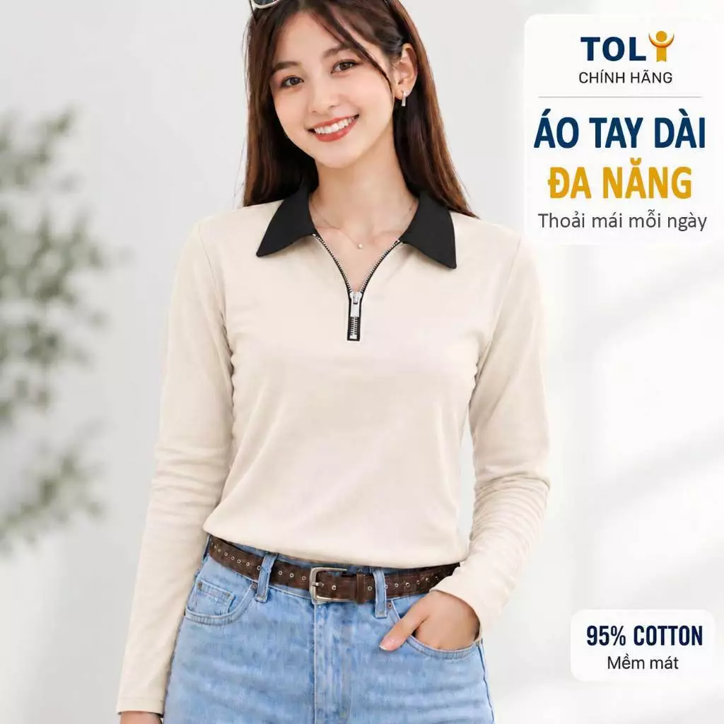 Áo Polo Nữ Tay dài Cổ Khóa Kéo TOLI PHX35 – Bản Cổ Rộng Thanh Lịch, Form Suông Gọn Dáng