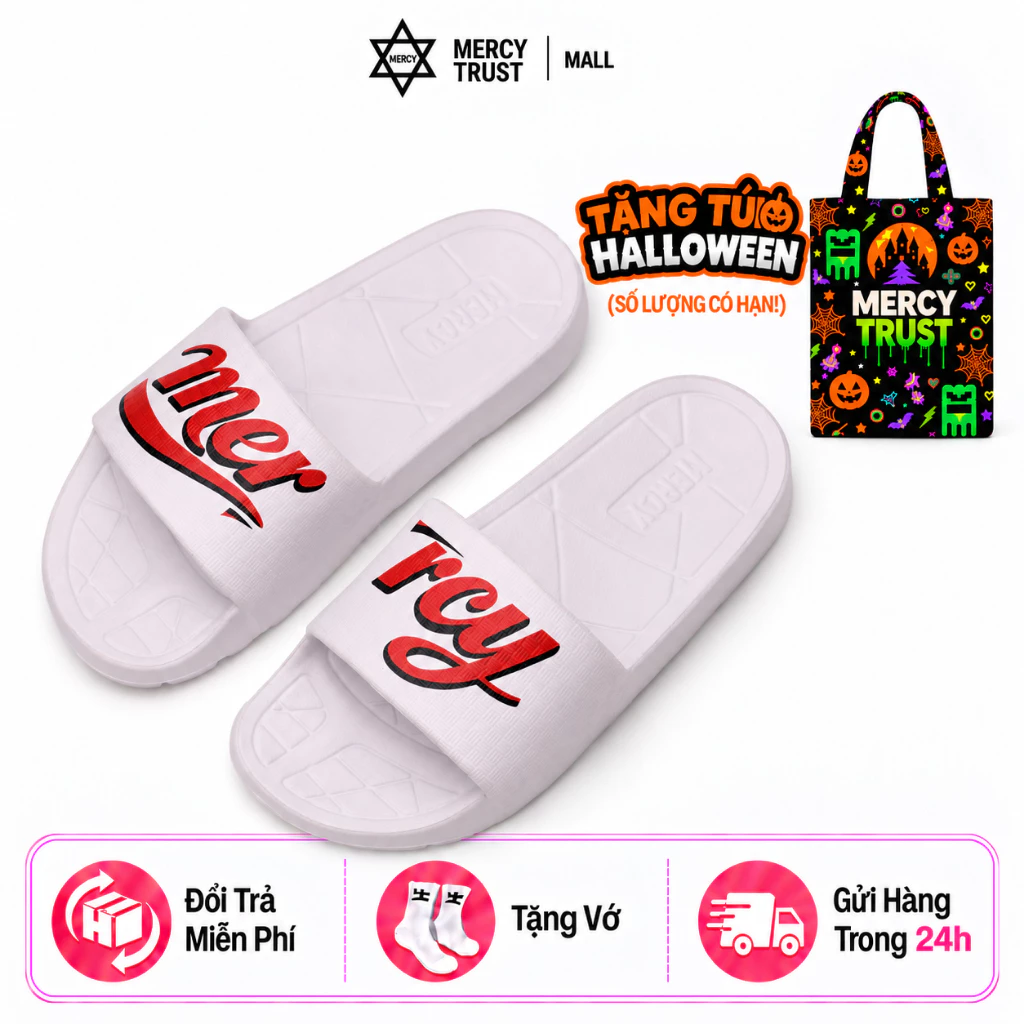 MC30 - [TẶNG TÚI HALLOWEEN, VỚ] Dép Quai Ngang MERCY TRUST Bảng Caro In Chữ Đỏ Nam Nữ – Mềm Nhẹ