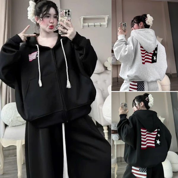 Áo HOODIES ZIP Nam Nữ Thêu Lá Cờ Mỹ Sau Lưng Bản Mới 2026 Form BOXY BASIC Vải Mịn Dày mũ To