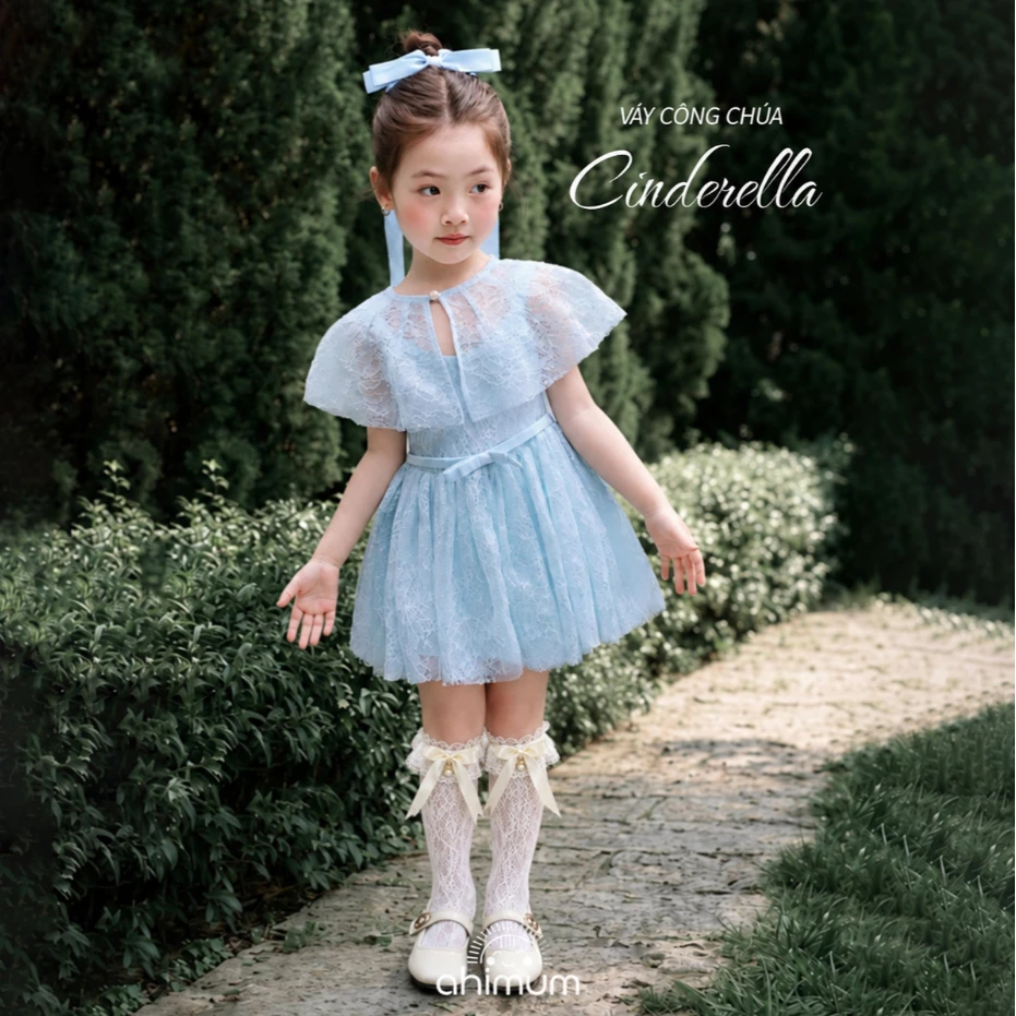 Váy công chúa bé gái Cinderella AHIMUM  đầm công chúa bé gái  dáng xòe nhiều lớp , phối ren đính kim tuyến