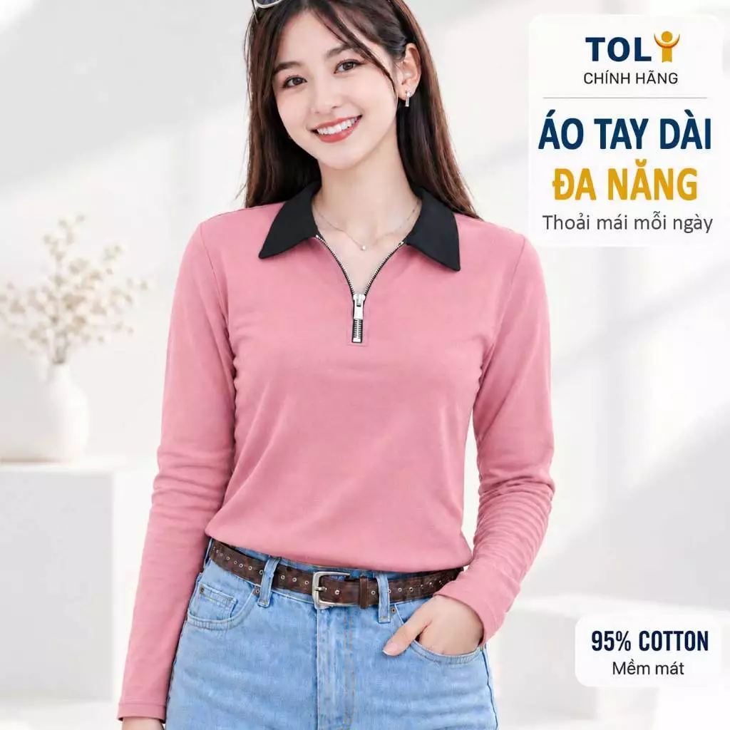 Áo Polo Nữ Tay dài Cổ Khóa Kéo TOLI PHX26 – Bản Cổ Rộng Thanh Lịch, Form Suông Gọn Dáng
